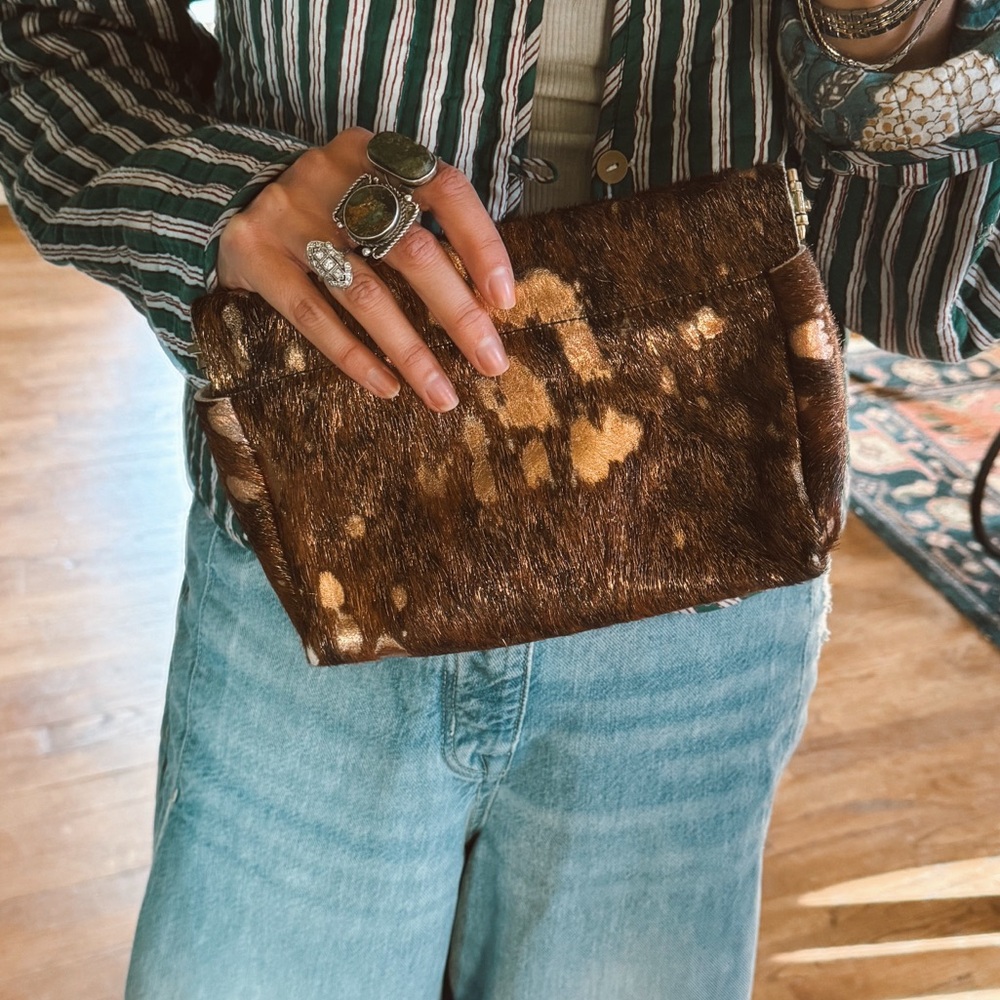 Italian Genuine Cowhide Fur Clutch purse bag brown / gold flecks